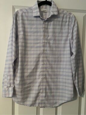 Calvin Klein Boys Pale Blue and GrayPlaid Dress Shirt